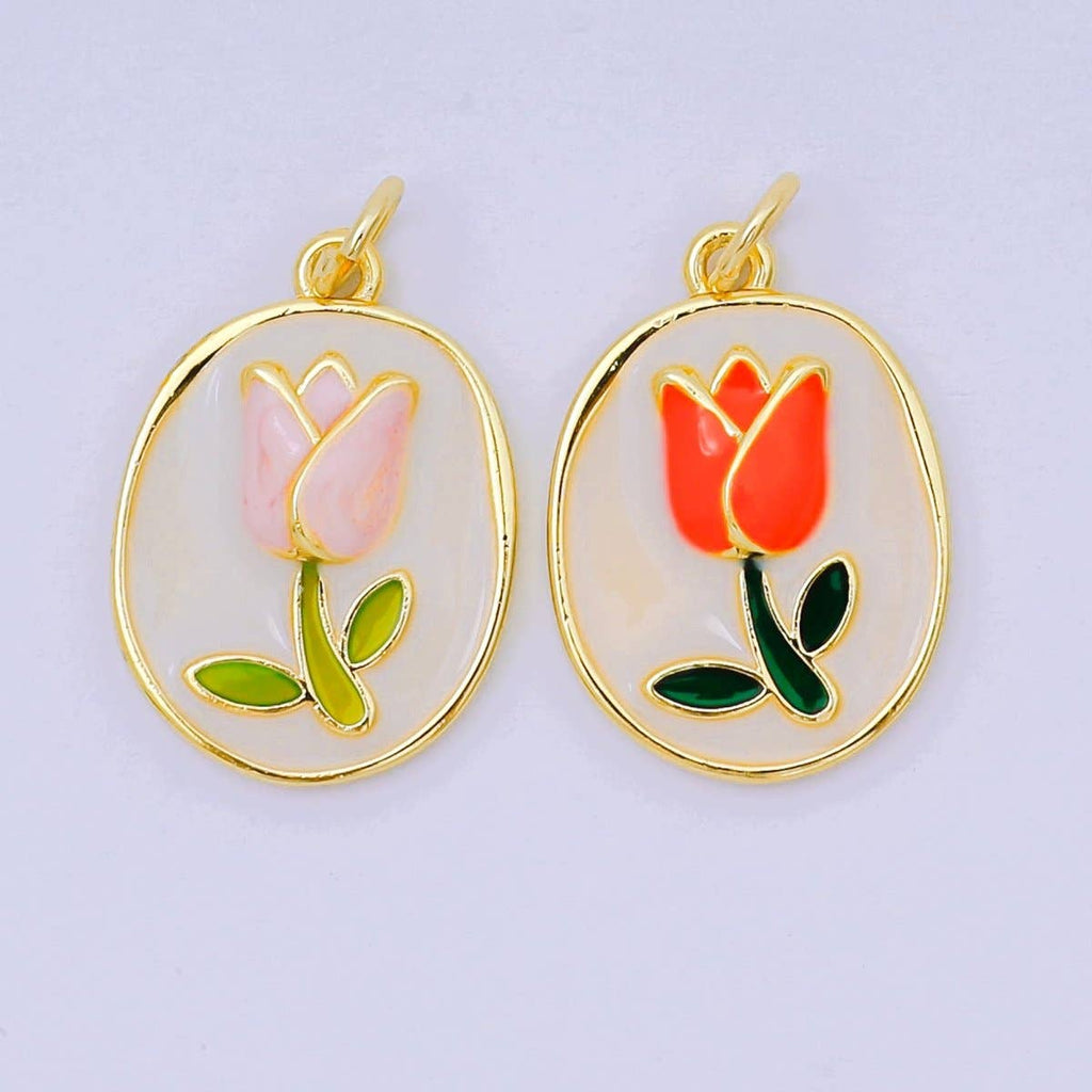 24K Gold Filled 20mm Enamel Art Blooming Tulip Emblem Charm in Pink & Orange | AH-631: Pink