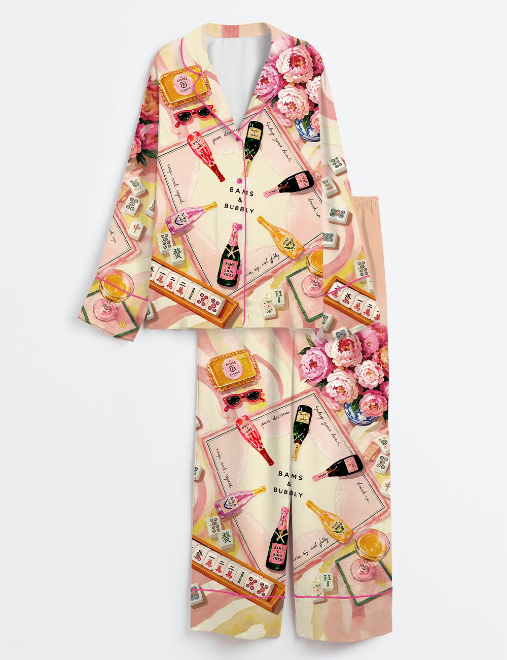 Women’s Mahjong Champagne Long Sleeve Silky Satin Pajama Set
