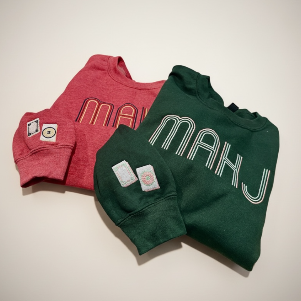 Mahjong Crewneck Sweatshirt with Retro Embroidery: Heather Red / S