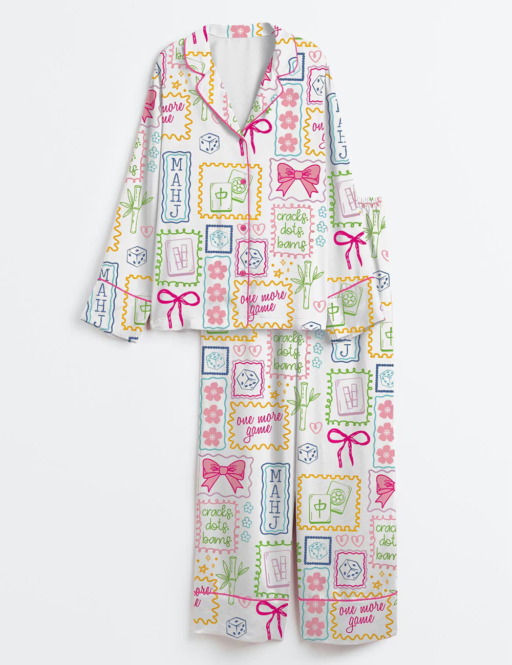 Women’s Mahjong Social Club Game Night Party Long Sleeve Silky Satin Pajama Set