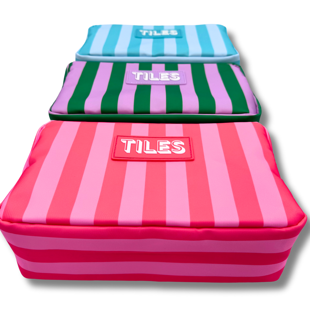 Premium Mahjong Tile Bags  |  Fits Most Large Tile Sets  : Stripes- Pink & Red Tile Bag