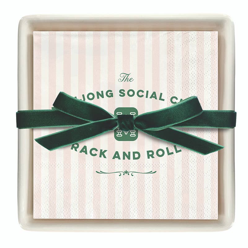 Ceramic Napkin Tray + Napkins - Mahjong Social Club: 5" L x 5" W