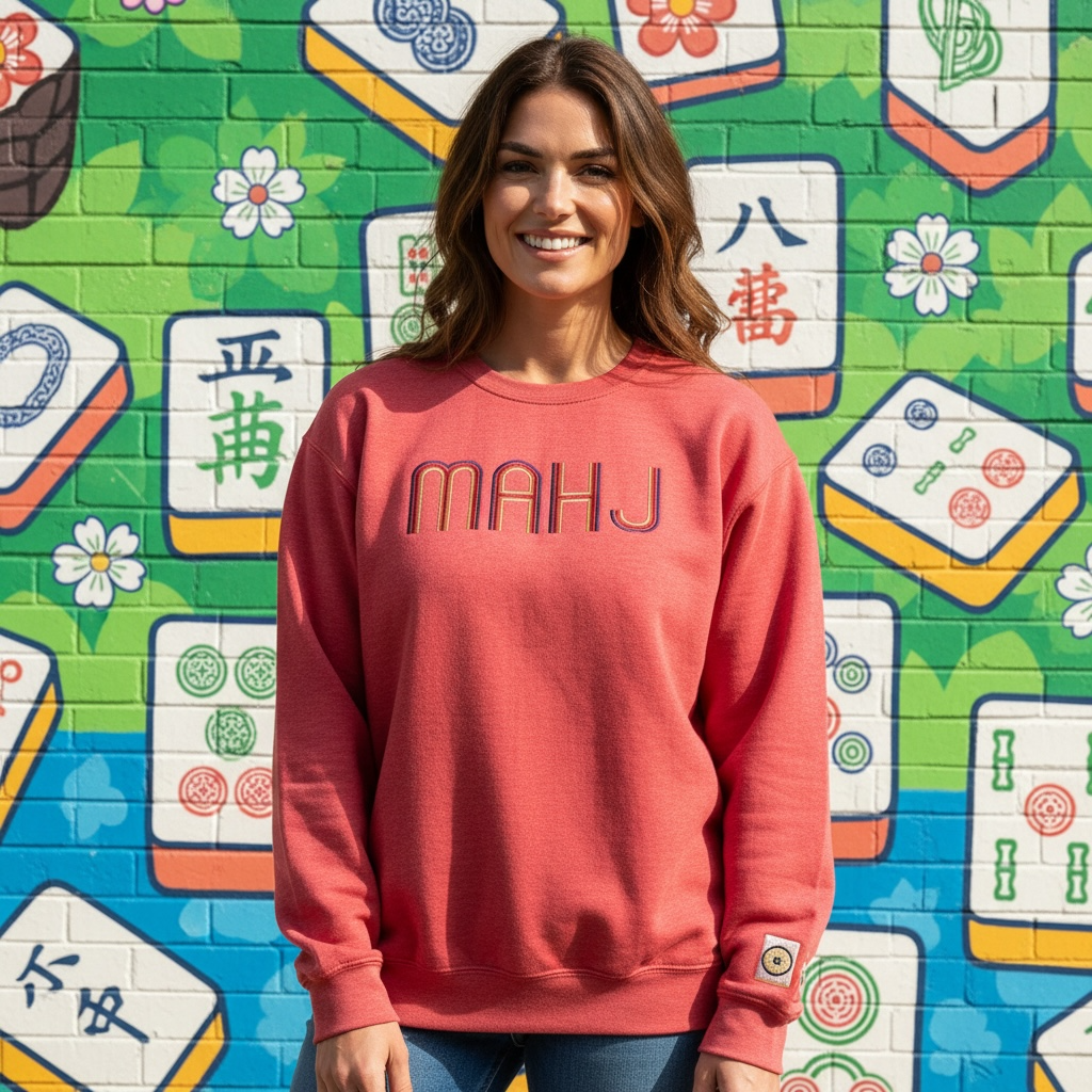 Mahjong Crewneck Sweatshirt with Retro Embroidery: Forrest Green / L