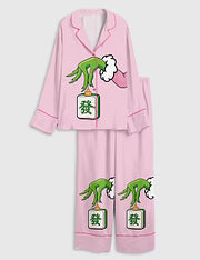 Women’s Pink Christmas Grinch With Mahjong Long Sleeve Silky Satin Pajama Set
