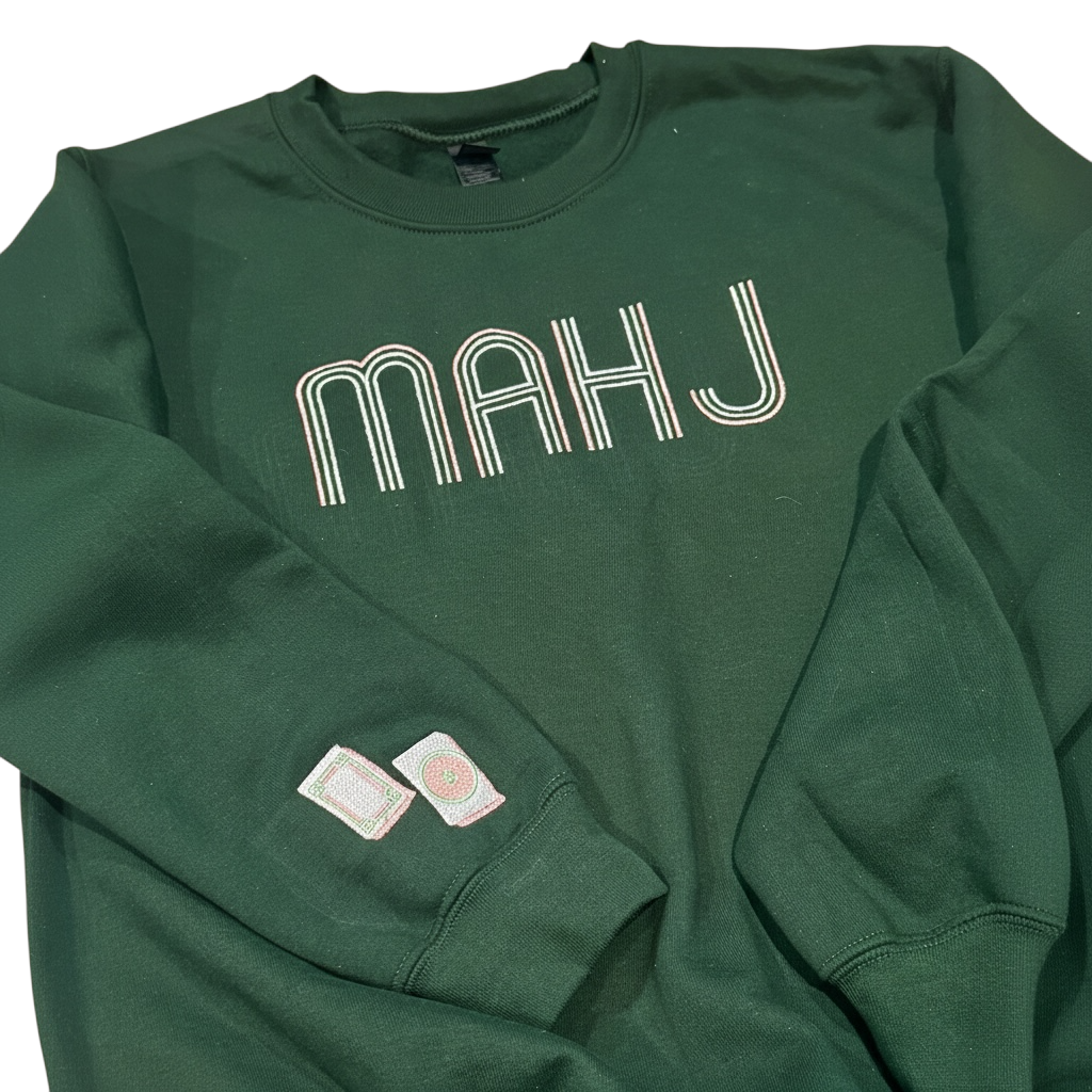 Mahjong Crewneck Sweatshirt with Retro Embroidery: Charcoal / M