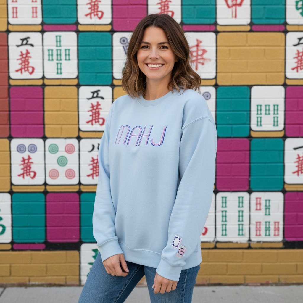 Mahjong Crewneck Sweatshirt with Retro Embroidery: Heather Red / S