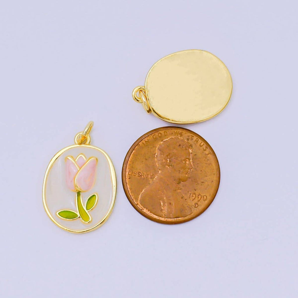 24K Gold Filled 20mm Enamel Art Blooming Tulip Emblem Charm in Pink & Orange | AH-631: Pink