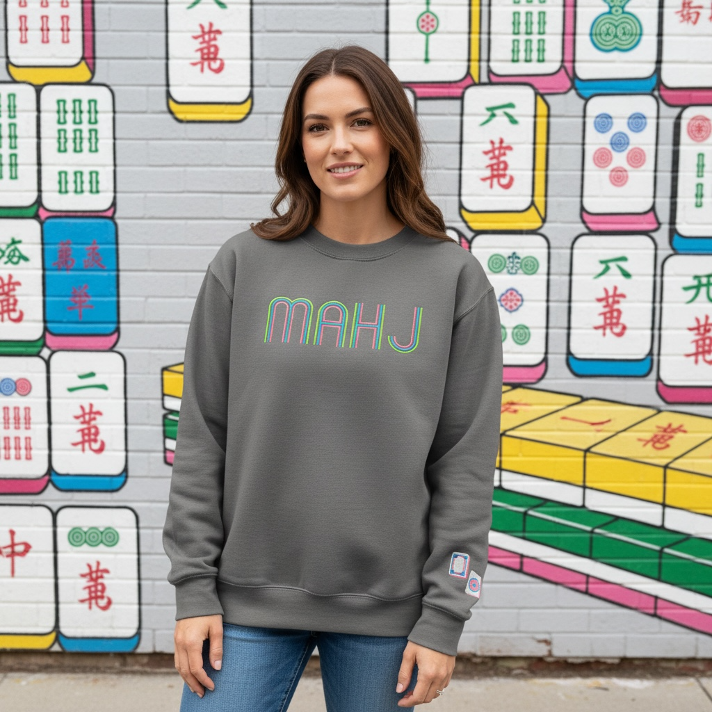 Mahjong Crewneck Sweatshirt with Retro Embroidery: Light Blue / L