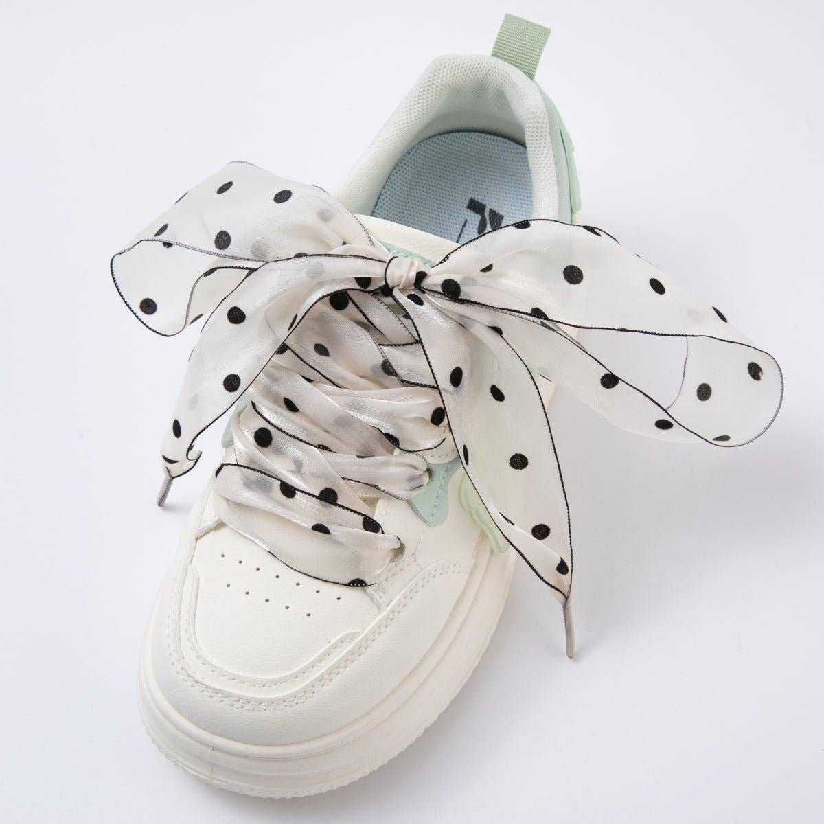 White, Pink, Black Retro Polka Dotted Sheer Chiffon Fabric Ribbon Shoelaces | WB00309 - WB00311: White