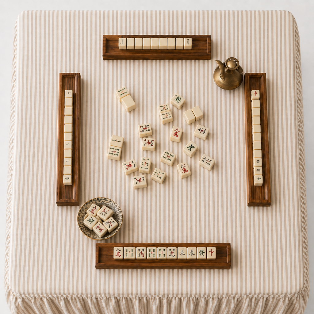 Mahjong Game Tablecloth -Skirted Linen Oatmeal Awning Stripe