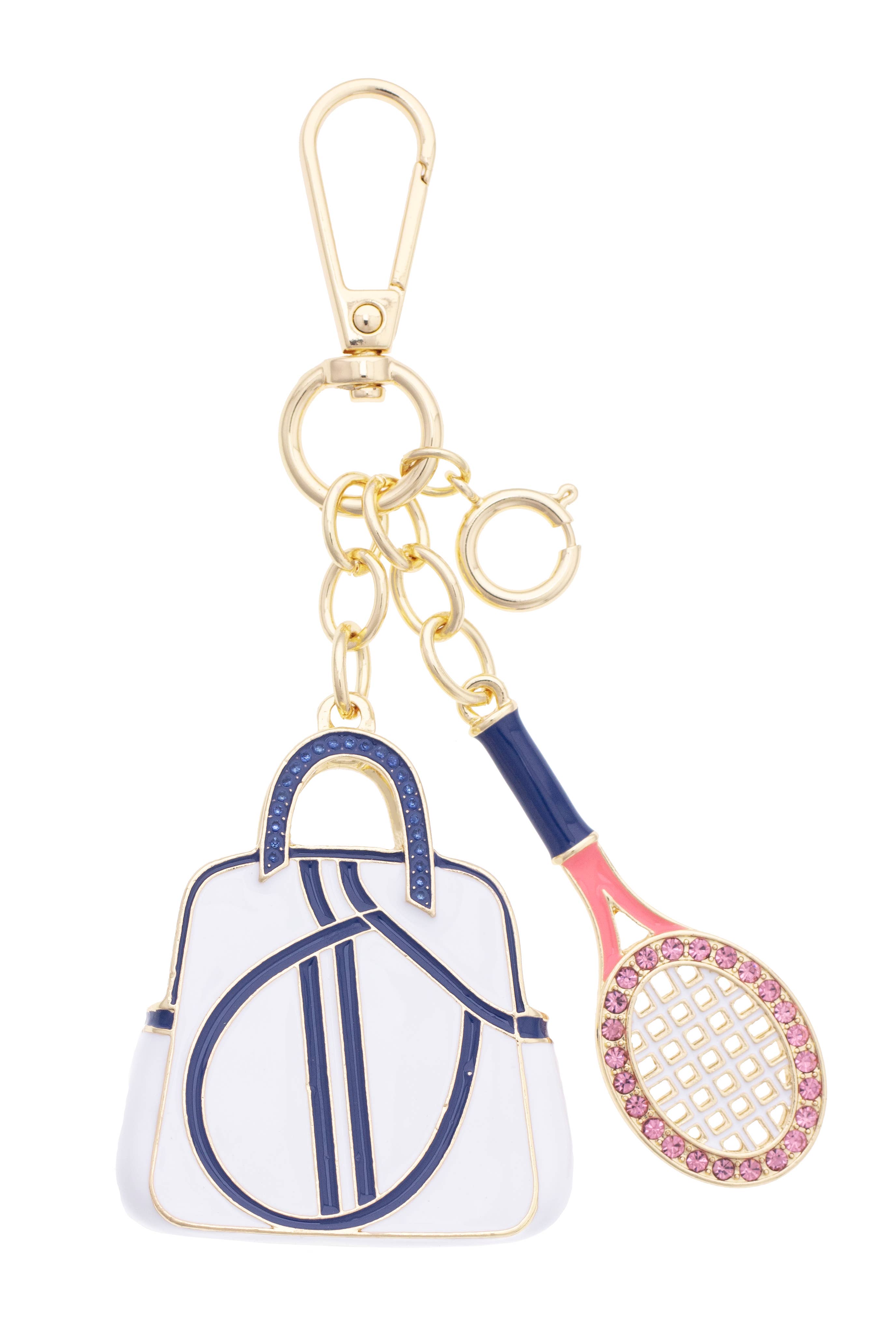Rhinestone Tennis Racket Embellished Bag Charm in Pink, Navy