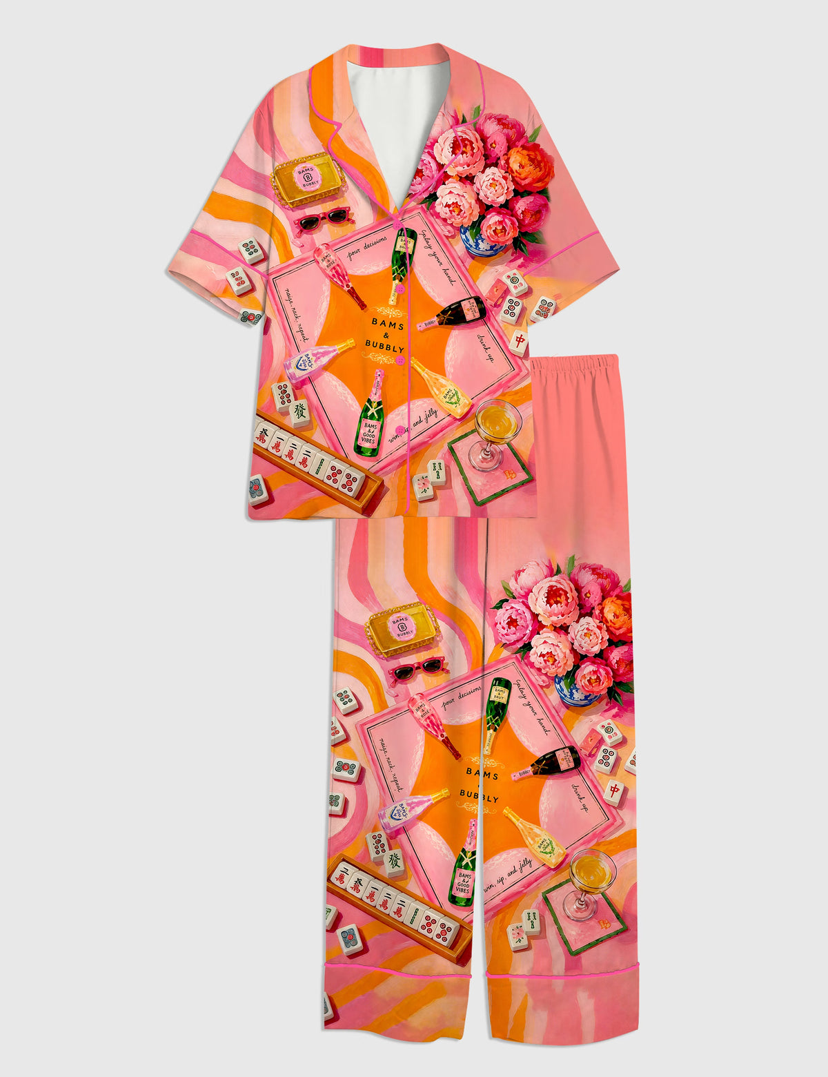 Women's Mahjong Champagne Short Sleeve Long Pants Silky Satin Pajama Set Orange
