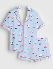 Women’s Mahjong Lover Short Sleeve Silky Satin Pajama Short  Set