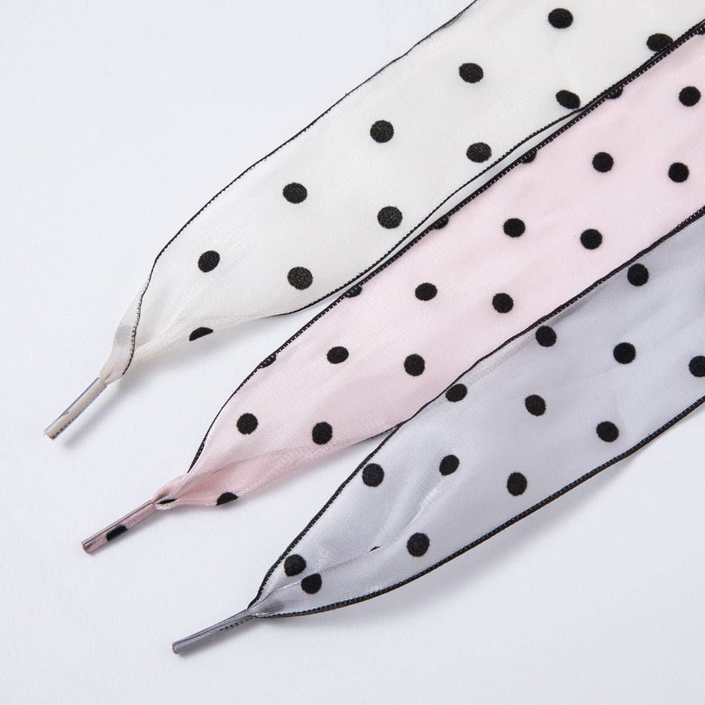 White, Pink, Black Retro Polka Dotted Sheer Chiffon Fabric Ribbon Shoelaces | WB00309 - WB00311: White
