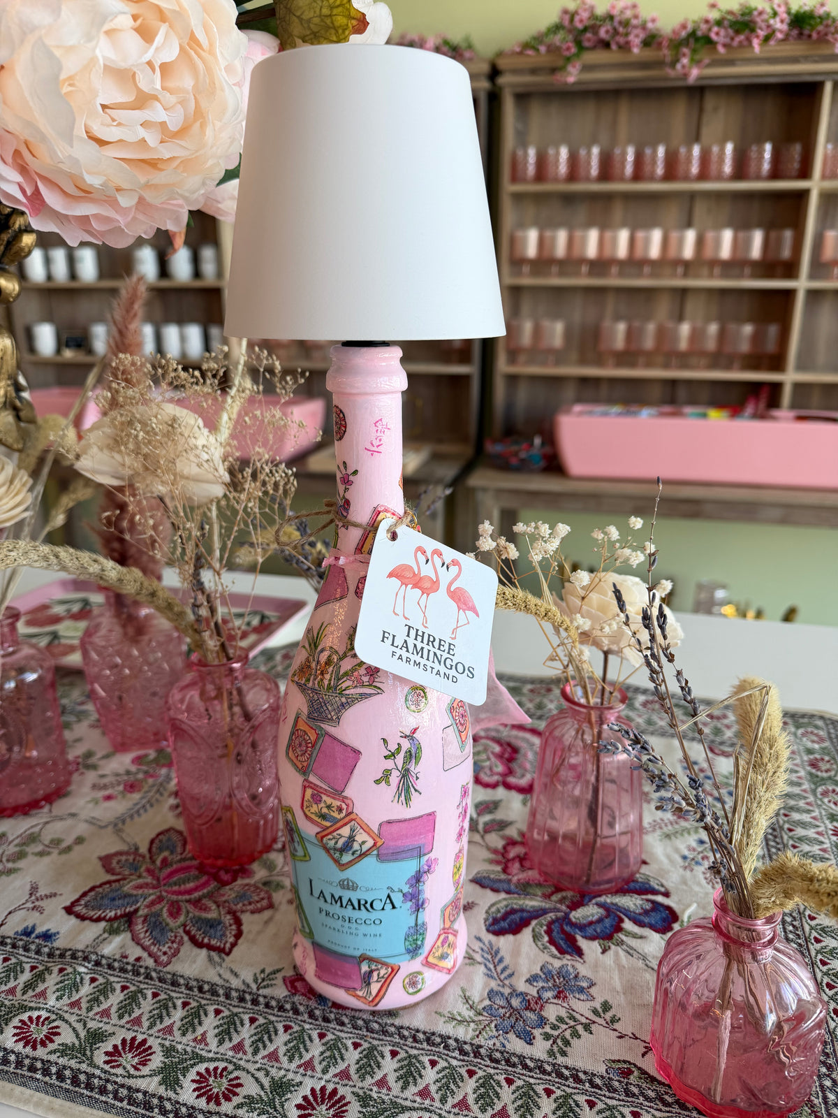 Three Flamingos Farm Stand La Marca Pink Mahjong  White Shade  $135