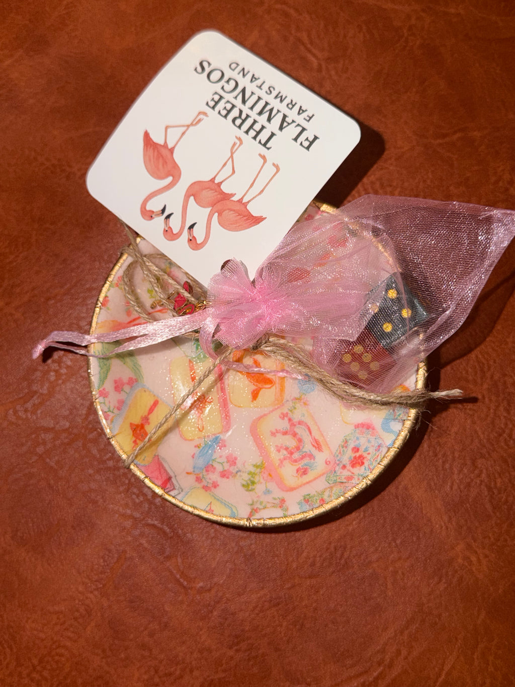Three Flamingos Dice Dish and Pair of Gem Stone Dice