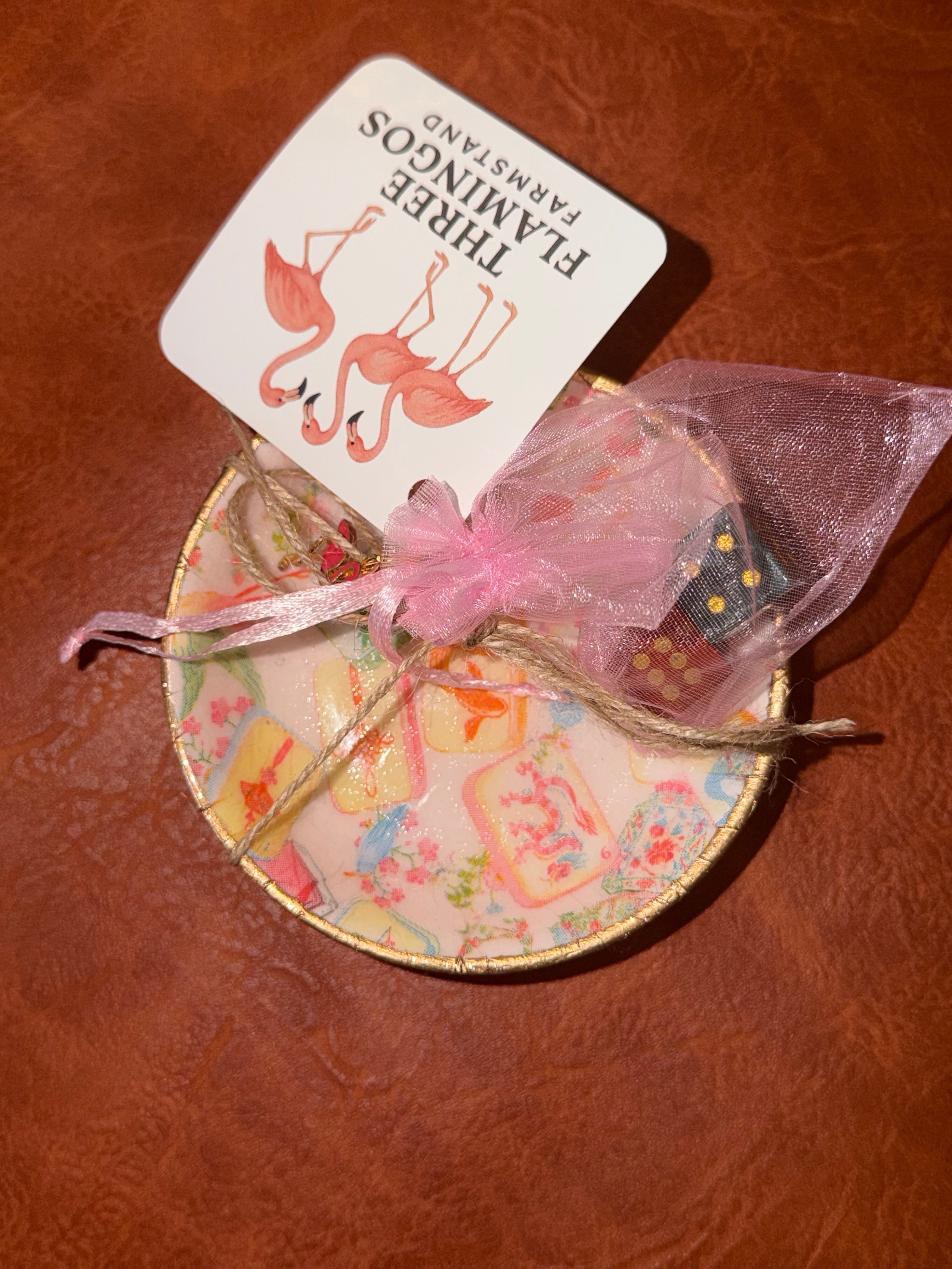 Three Flamingos Dice Dish and Pair of Gem Stone Dice
