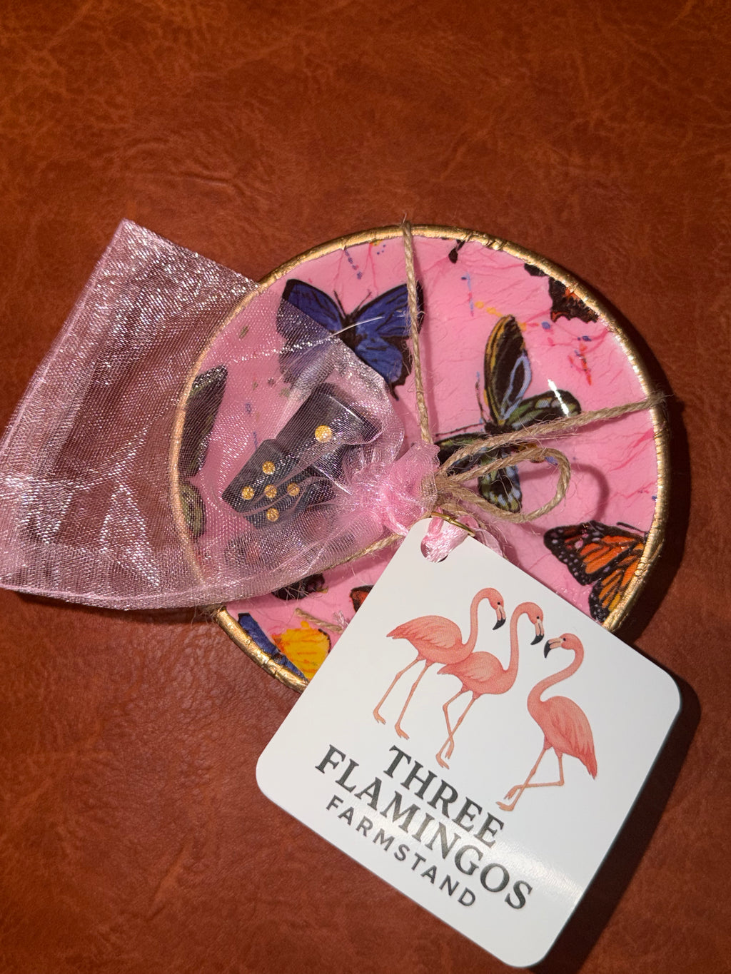 Three Flamingos Dice Dish and Pair of Gem Stone Dice