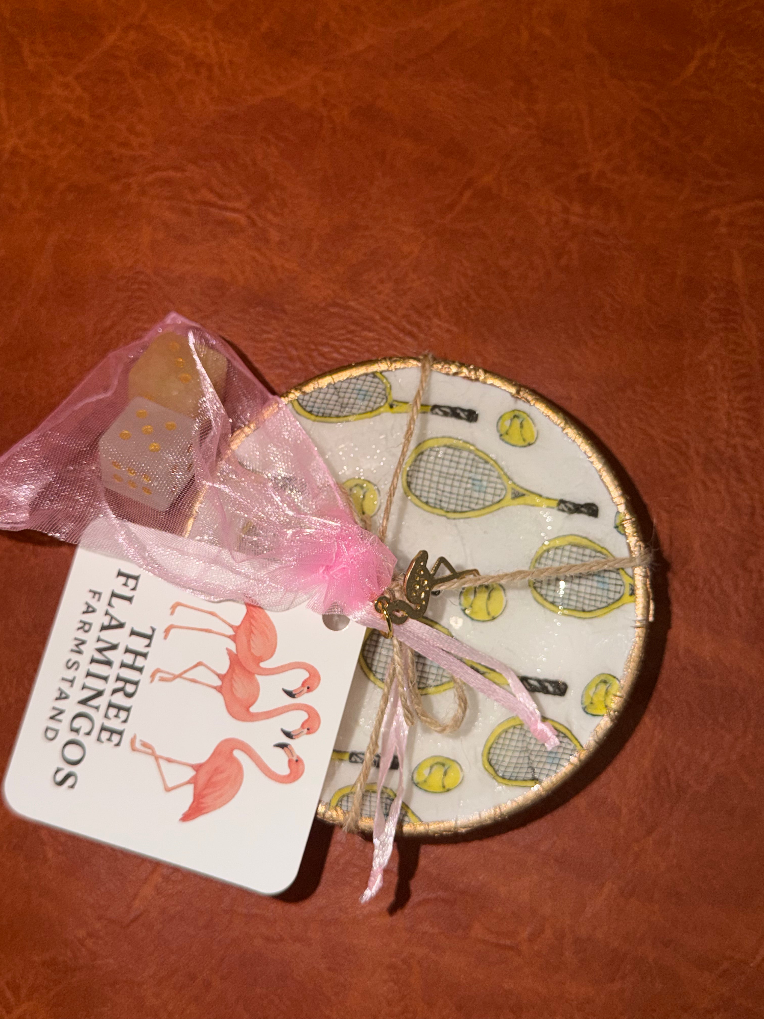 Three Flamingos Dice Dish and Pair of Gem Stone Dice