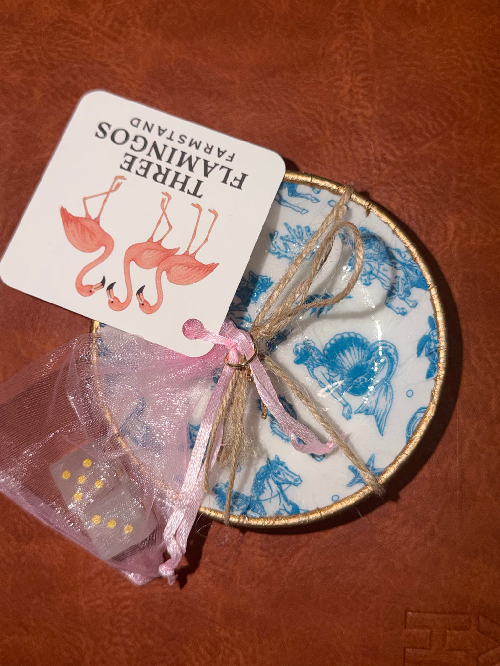 Three Flamingos Dice Dish and Pair of Gem Stone Dice
