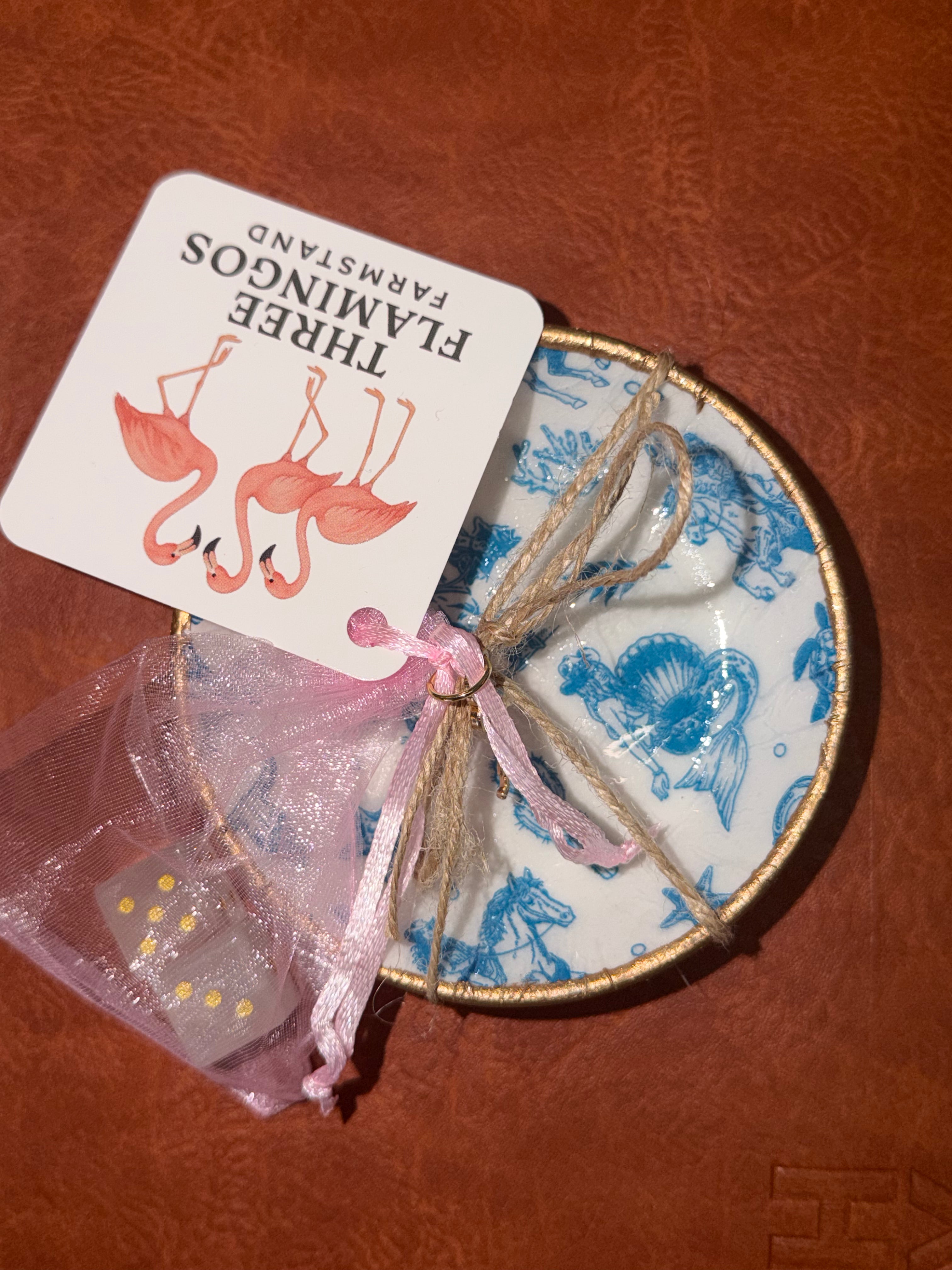 Three Flamingos Dice Dish and Pair of Gem Stone Dice