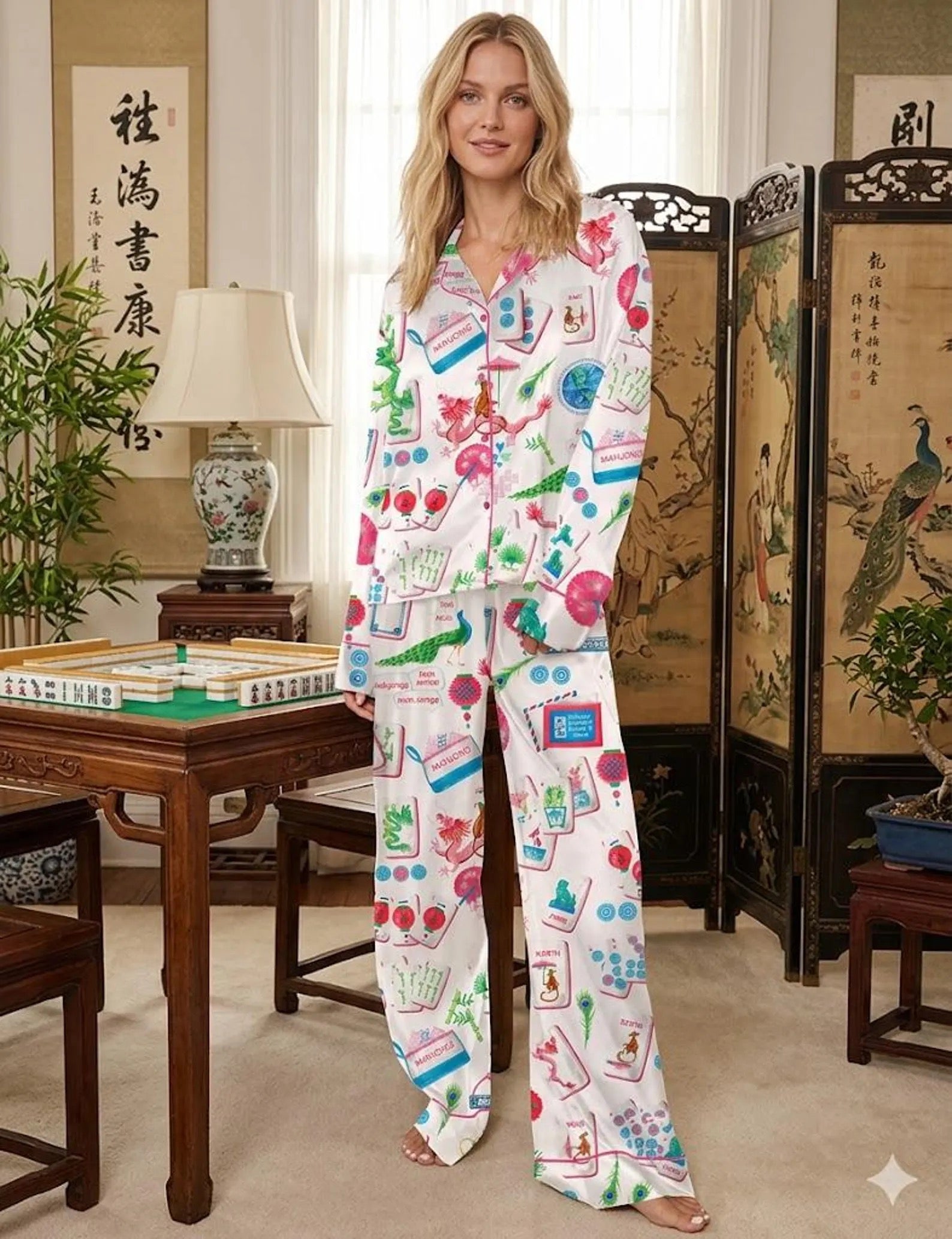 Mahjong Pajamas Set – Satin Luxury Loungewear Pants