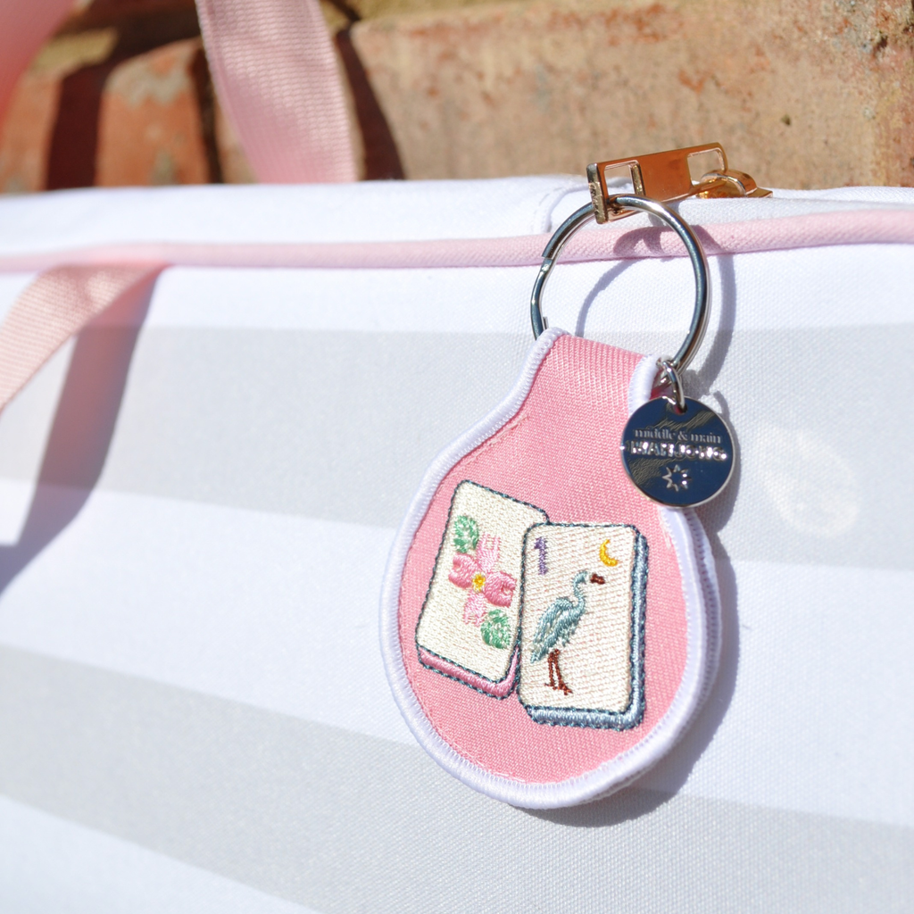 Middle & Main Mahjong Blossom & Bird Embroidered Tile Keychain