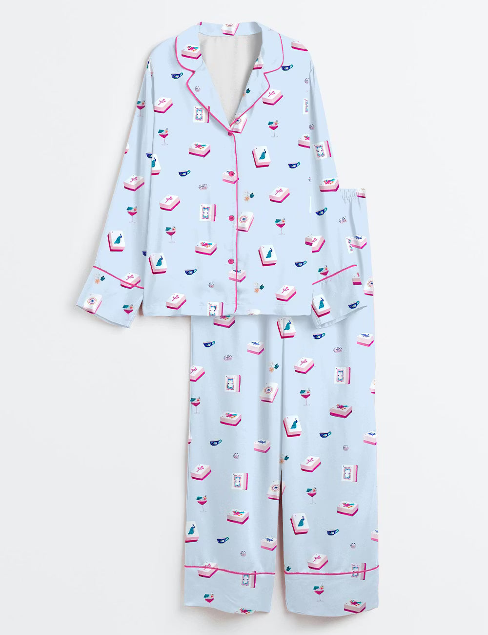 Women’s Mahjong Lover Long Sleeve Silky Satin Pajama Set