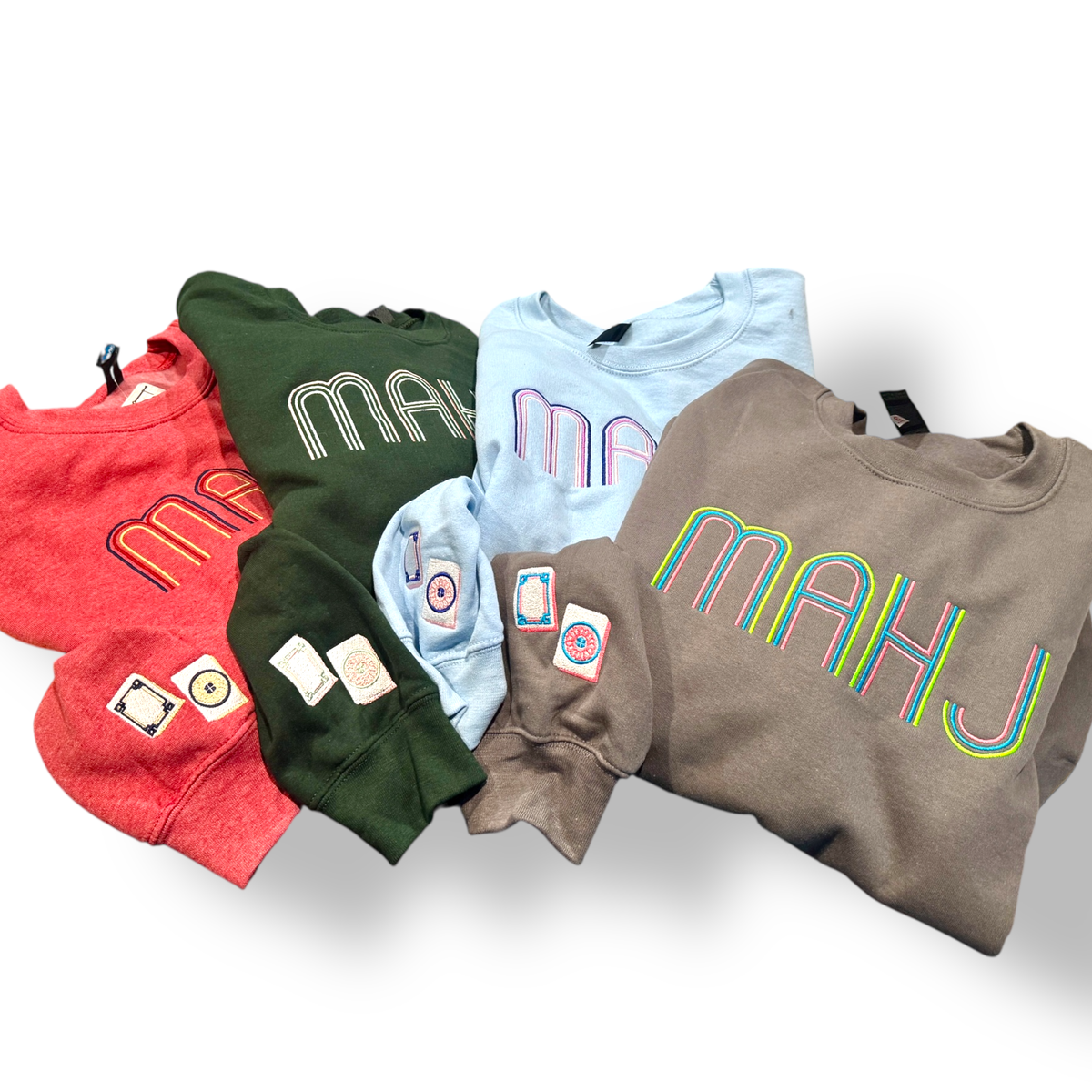 Mahjong Crewneck Sweatshirt with Retro Embroidery: Forrest Green / L