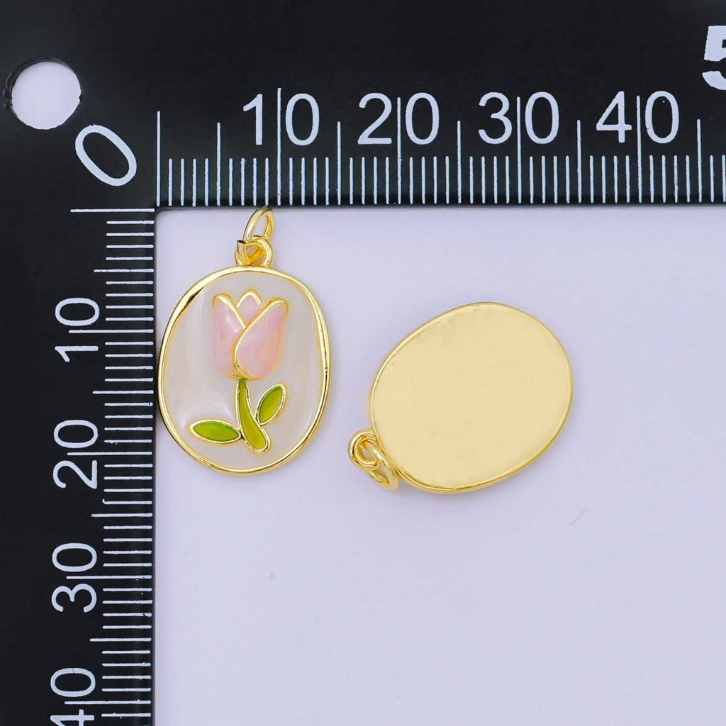 24K Gold Filled 20mm Enamel Art Blooming Tulip Emblem Charm in Pink & Orange | AH-631: Pink