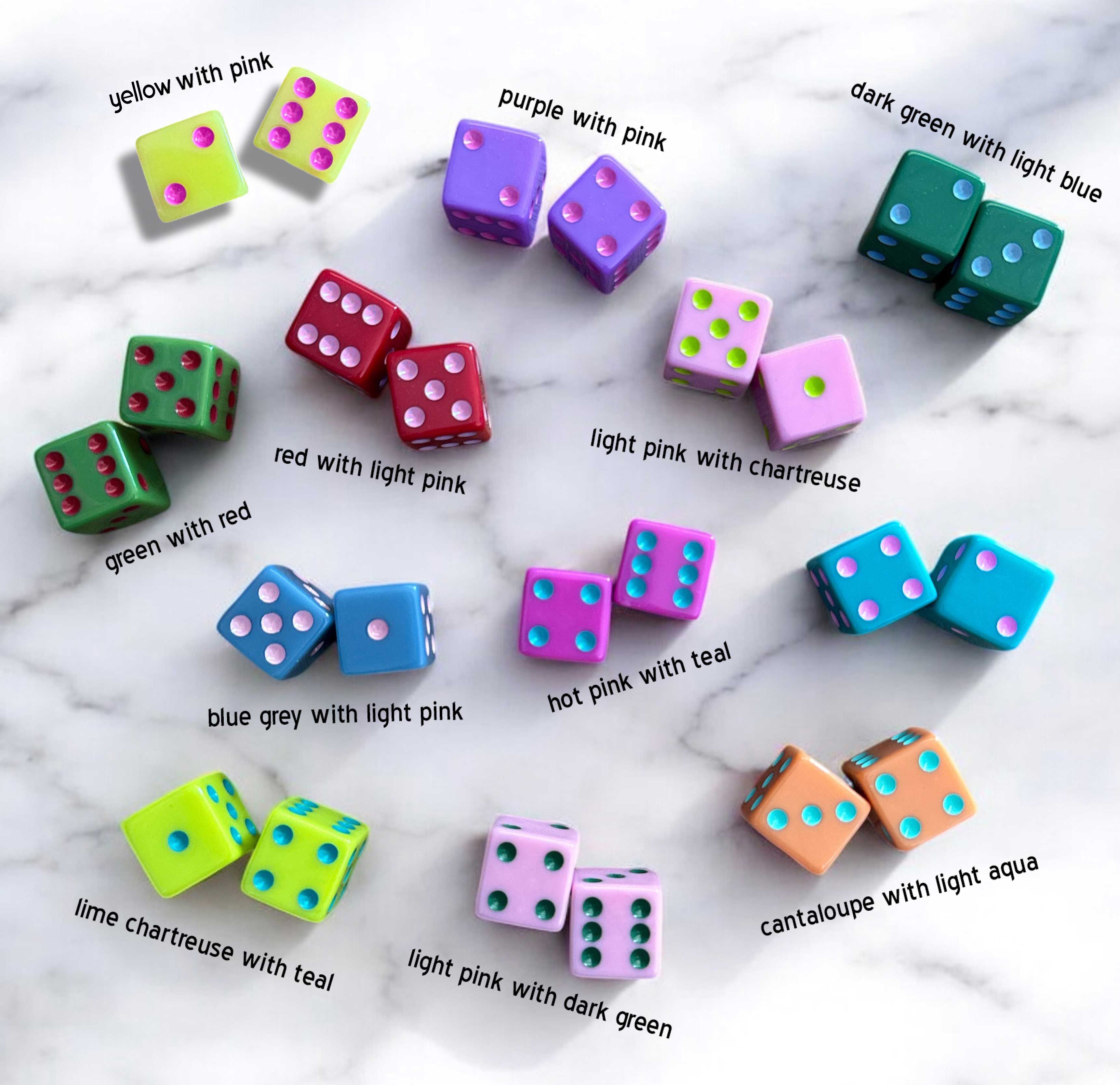 Dice (set of 2): Light Pink with Dark Green
