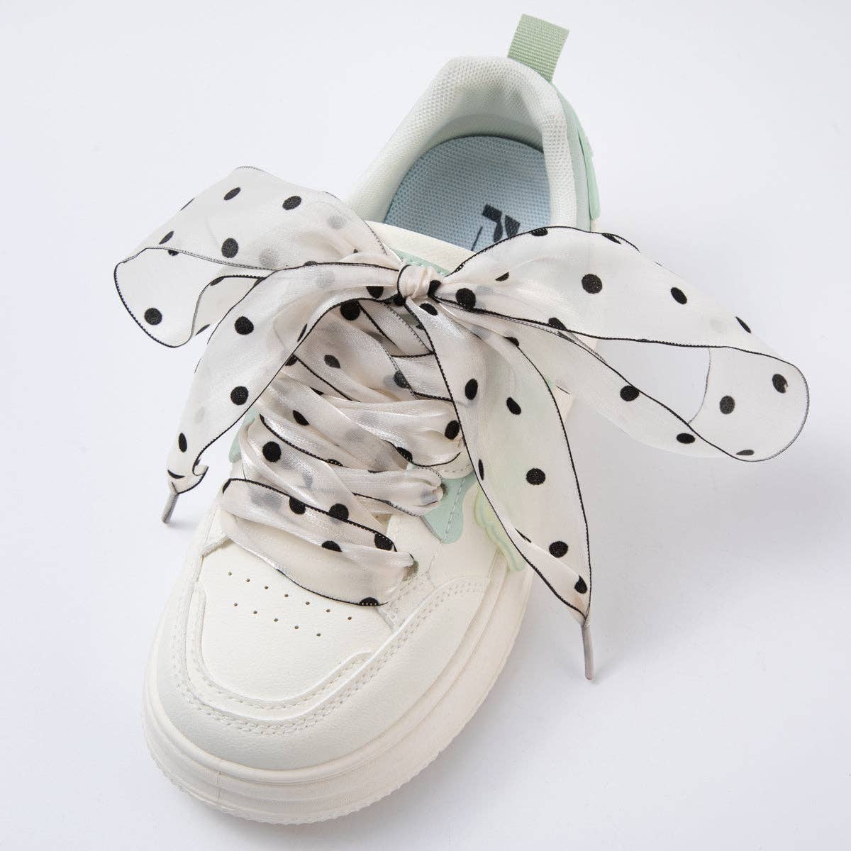 White, Pink, Black Retro Polka Dotted Sheer Chiffon Fabric Ribbon Shoelaces | WB00309 - WB00311: White