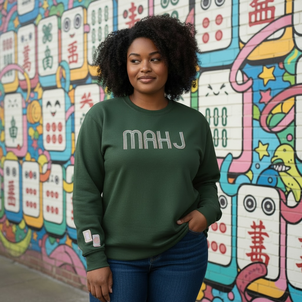 Mahjong Crewneck Sweatshirt with Retro Embroidery: Forrest Green / L