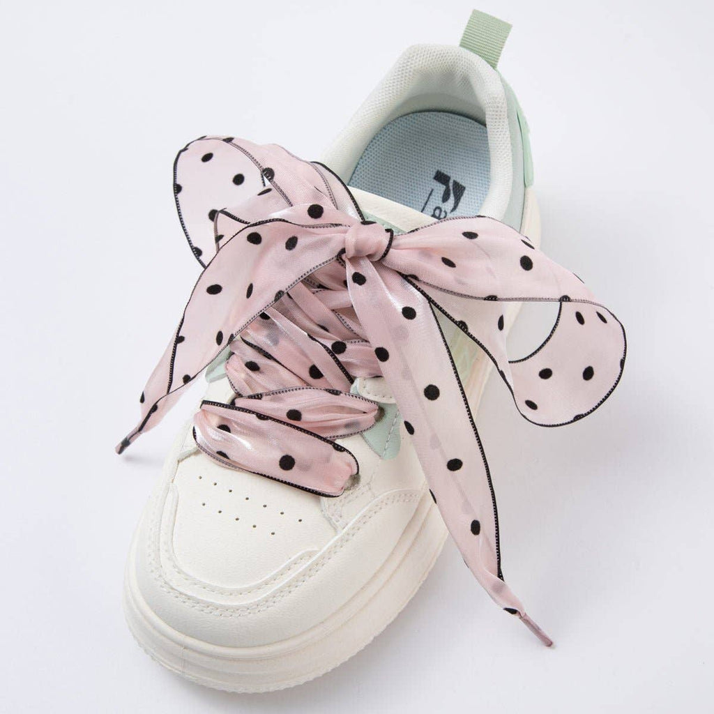 White, Pink, Black Retro Polka Dotted Sheer Chiffon Fabric Ribbon Shoelaces | WB00309 - WB00311: White