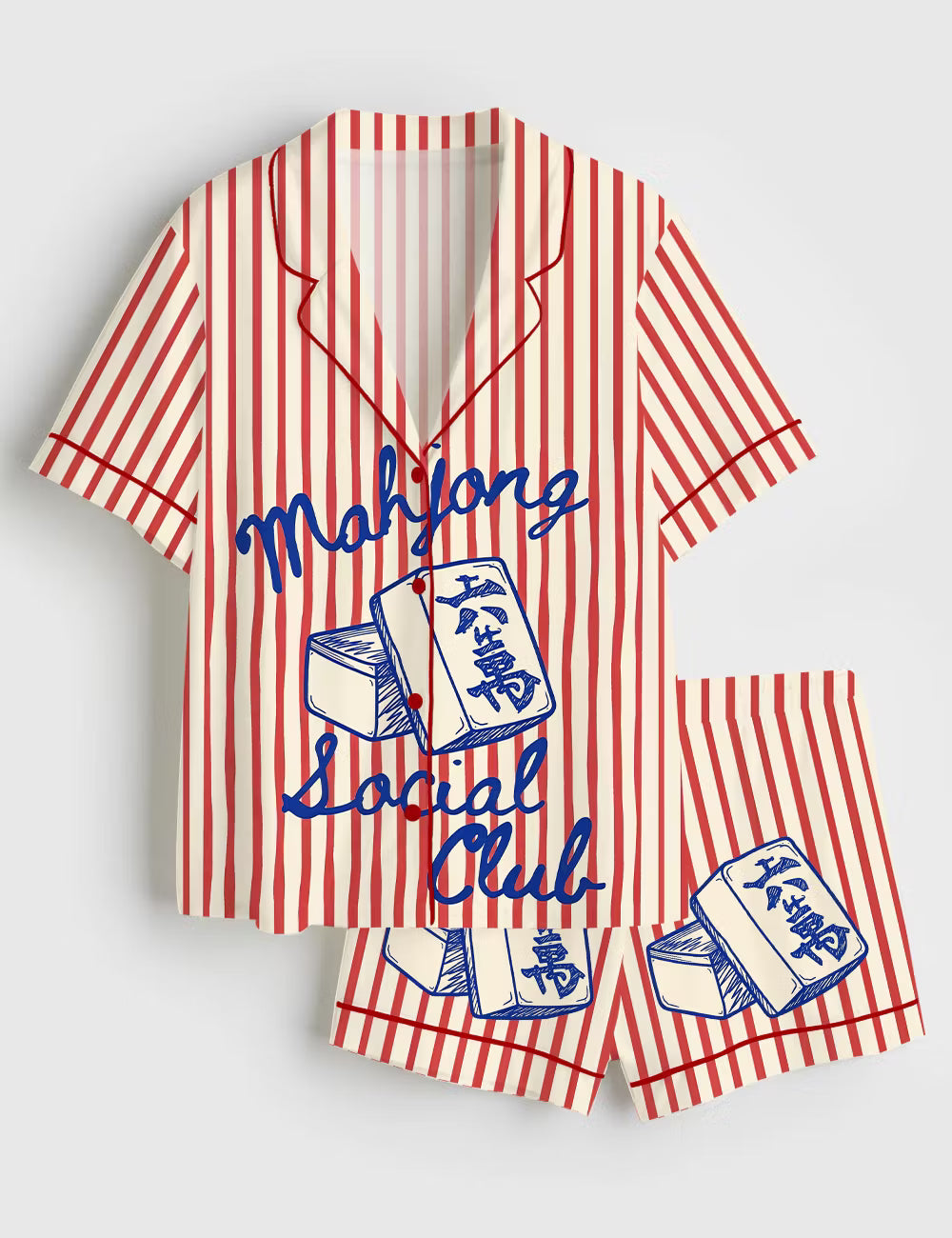 Women’s Mahjong Social Club Funny Board Game Short Sleeve Silky Satin Pajama Set Shorts