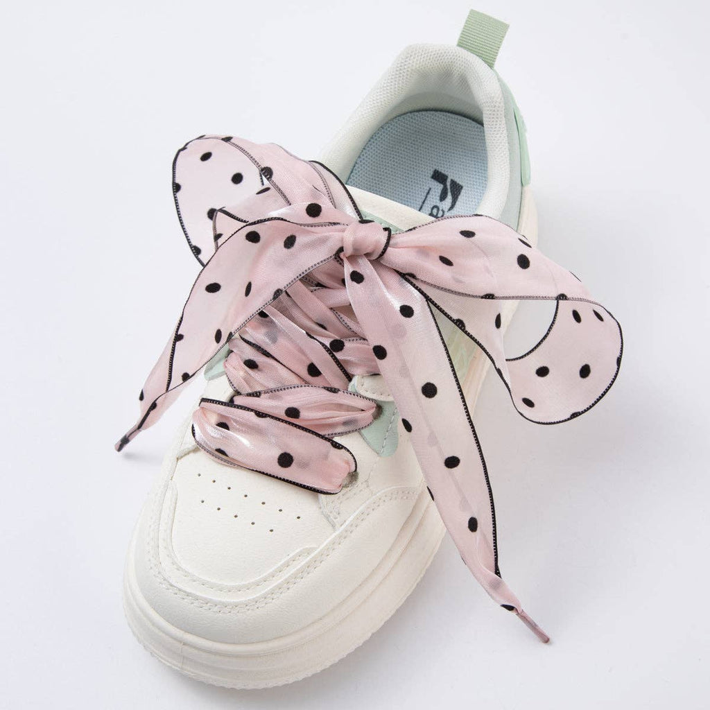 White, Pink, Black Retro Polka Dotted Sheer Chiffon Fabric Ribbon Shoelaces | WB00309 - WB00311: White