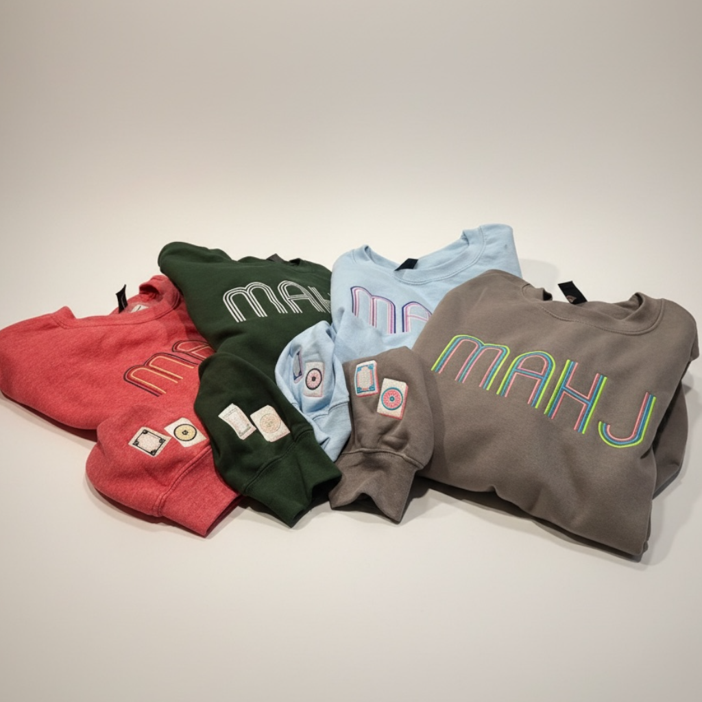 Mahjong Crewneck Sweatshirt with Retro Embroidery: Charcoal / M