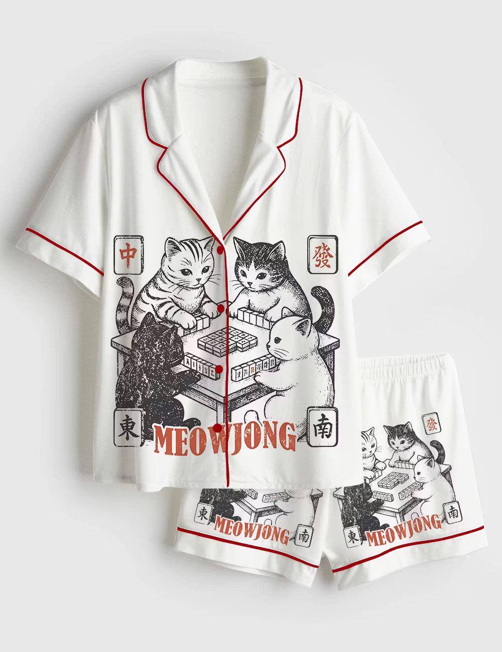 Women’s Meowjong Cats Playing Mahjong Short Sleeve Silky Satin Pajama Set