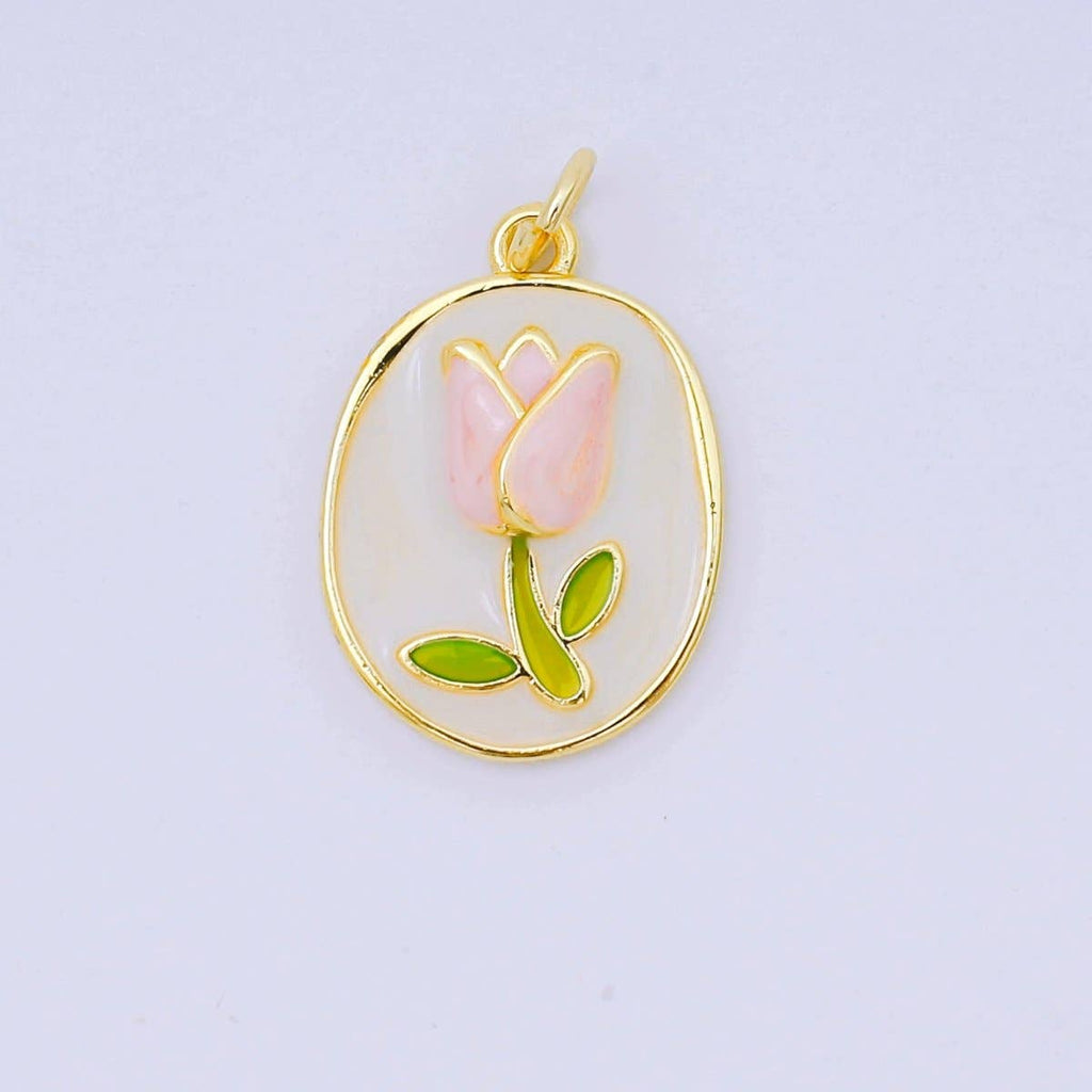 24K Gold Filled 20mm Enamel Art Blooming Tulip Emblem Charm in Pink & Orange | AH-631: Pink