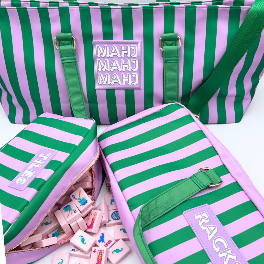Premium Mahjong Tile Bags  |  Fits Most Large Tile Sets  : Stripes- Pink & Red Tile Bag