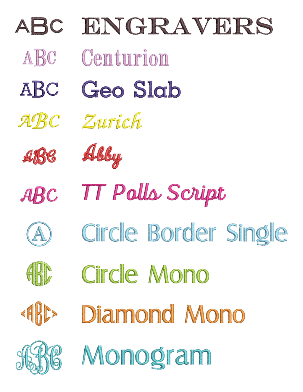 Embroidery monogram font options