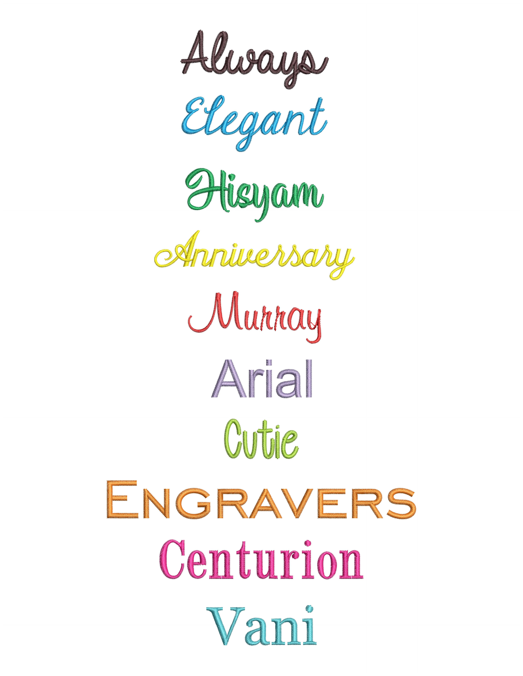 Embroidery name font options