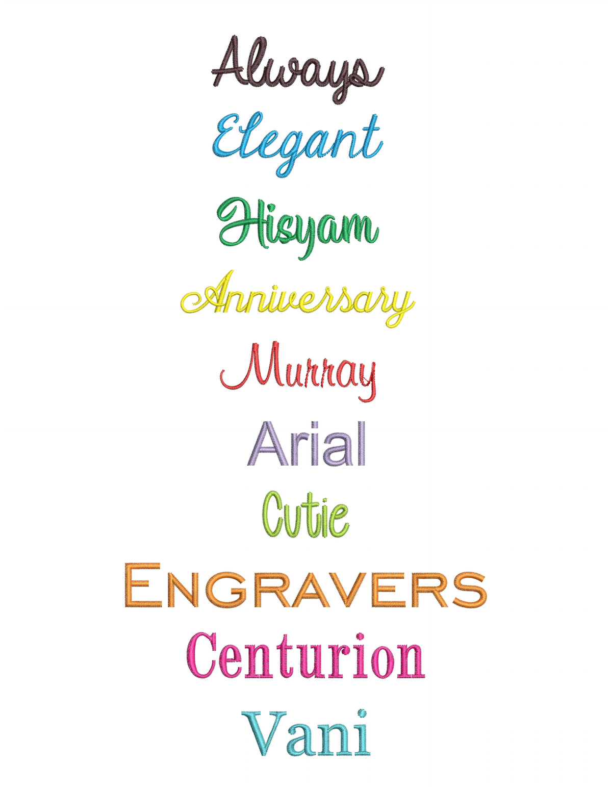Embroidery name font options